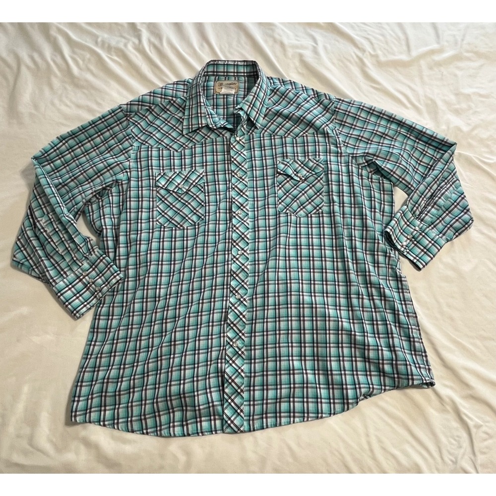 Wrangler Western Shirt Mens 3XL Teal Plaid Pearl Snap Long Sleeve WM239TQ Big